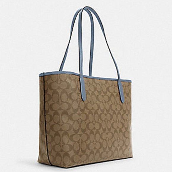 Coach 5696 City Tote In Signature Canvas In Khaki/Marble Blue - Picture 2 of 16